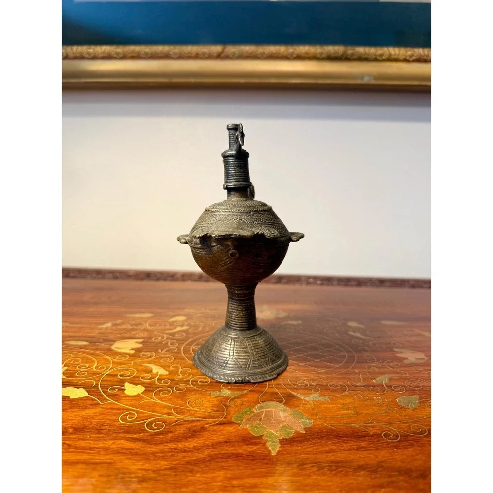 Antique‎ Indian Peacock Oil Lamp, Hand Cast Dhokra Brass Vessel